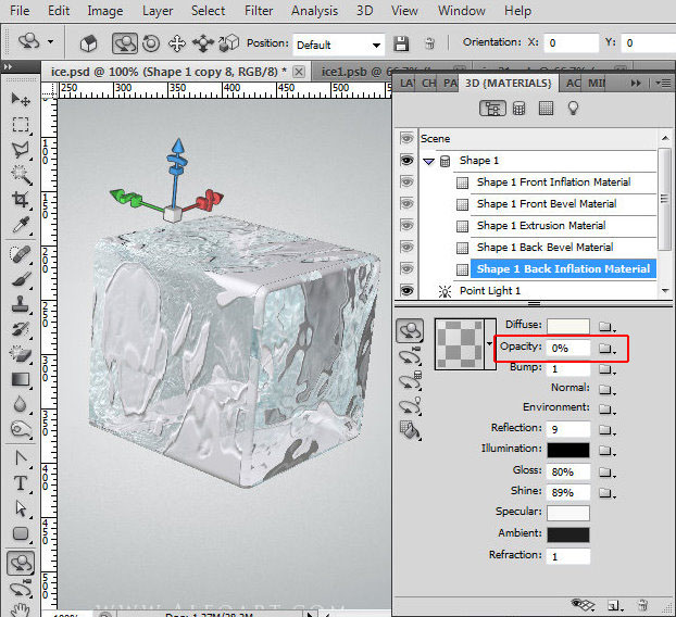 Ice cube 3D photoshop tools tutorial. 3D scene ice cube and cherry inside, ice txture effect in photoshop, ice reflection, 3D rendering, 3D light effects, realistic ice effectt, winterphotoshop  ideas